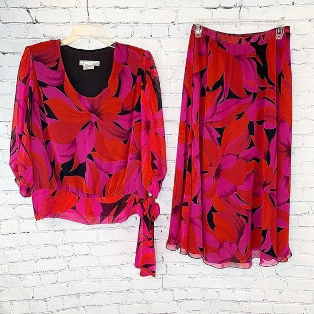 SPECTACULAR 80S VINTAGE SECRETARY SIASIA BLOUSE MIDI SKIRT SET - USA MADE - MEDI